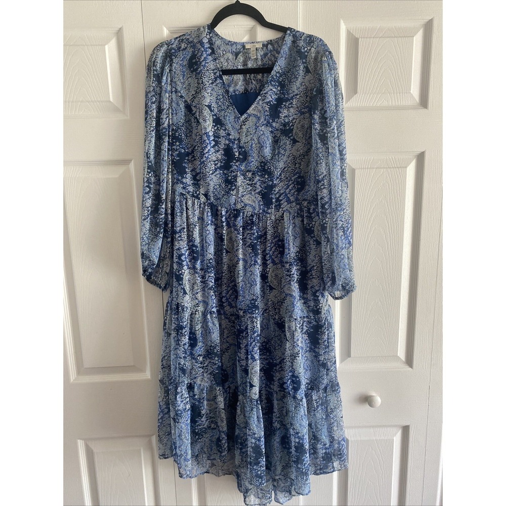 Joie Parisian Paisley Tiered Midi Dress Womens Size M Blue Boho Chiffon Tiered
